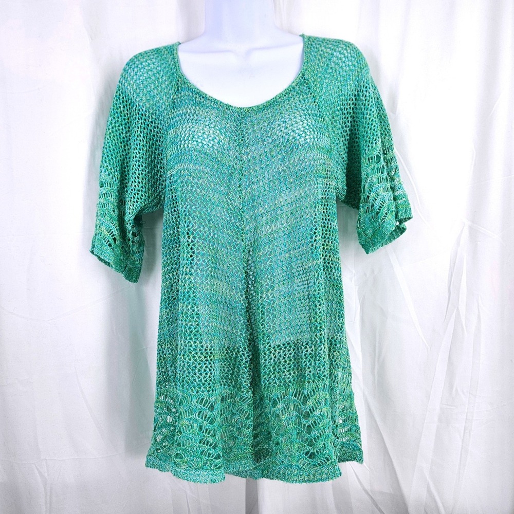 Vtg y2k Green Teal Space Dye Crochet Knit Short Sleeve Tunic Top Scoop Neck Lg